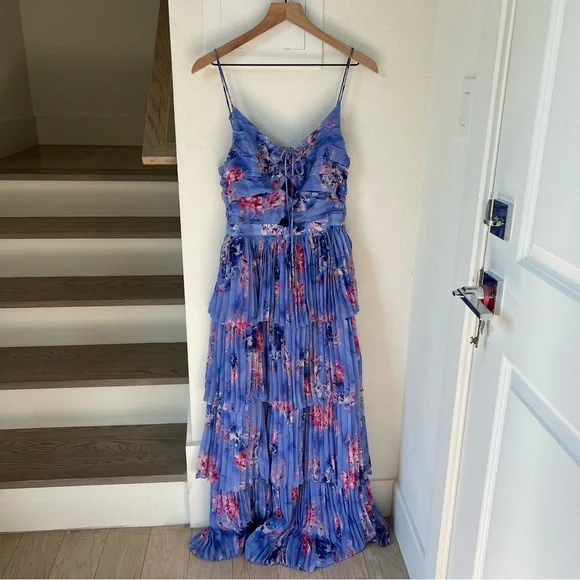strapless open back dress Adrenia Pleated Floral Print Satin Maxi Dress – VICI main image 1